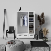 Skandinavská skříň dřevěná SVEG, bílá / šedá, třídveřová, zrcadlo, 2 zásuvky - 5